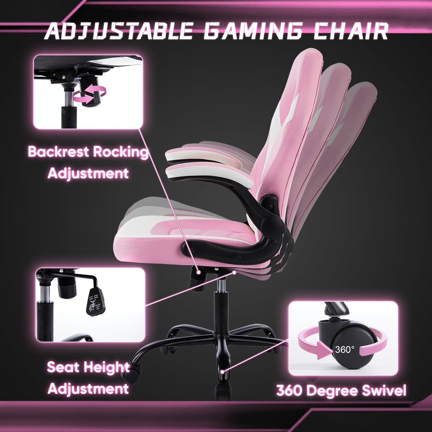 Gaming Ergonomic Office Chair for Adults, Height Adjustable Computer Desk Chair with Flip-up Armrests, PU Leather Swivel Video Game Chair with 360° Rolling Wheels, Pink