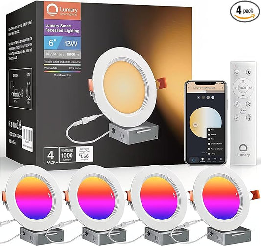 Lumary Smart WiFi LED Recessed Lighting 6 Inch with Remote, RGBWW Canless Ceiling Lights with Anti-Glare Metal Trim & J-Box, Compatible with Alexa/Google, 13W 1000Lm, 4Pack