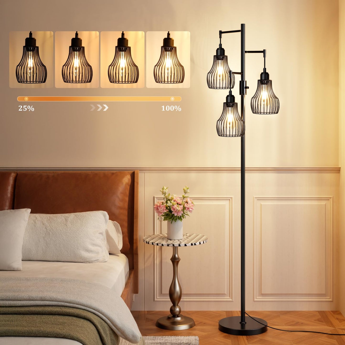 Dimmable Floor Lamp, 3 x 800LM LED Edison Bulbs Included, Farmhouse Industrial Floor Lamp Standing Tree Lamp with Elegant Cage Tall Lamps for Living Room Bedroom Office - Black