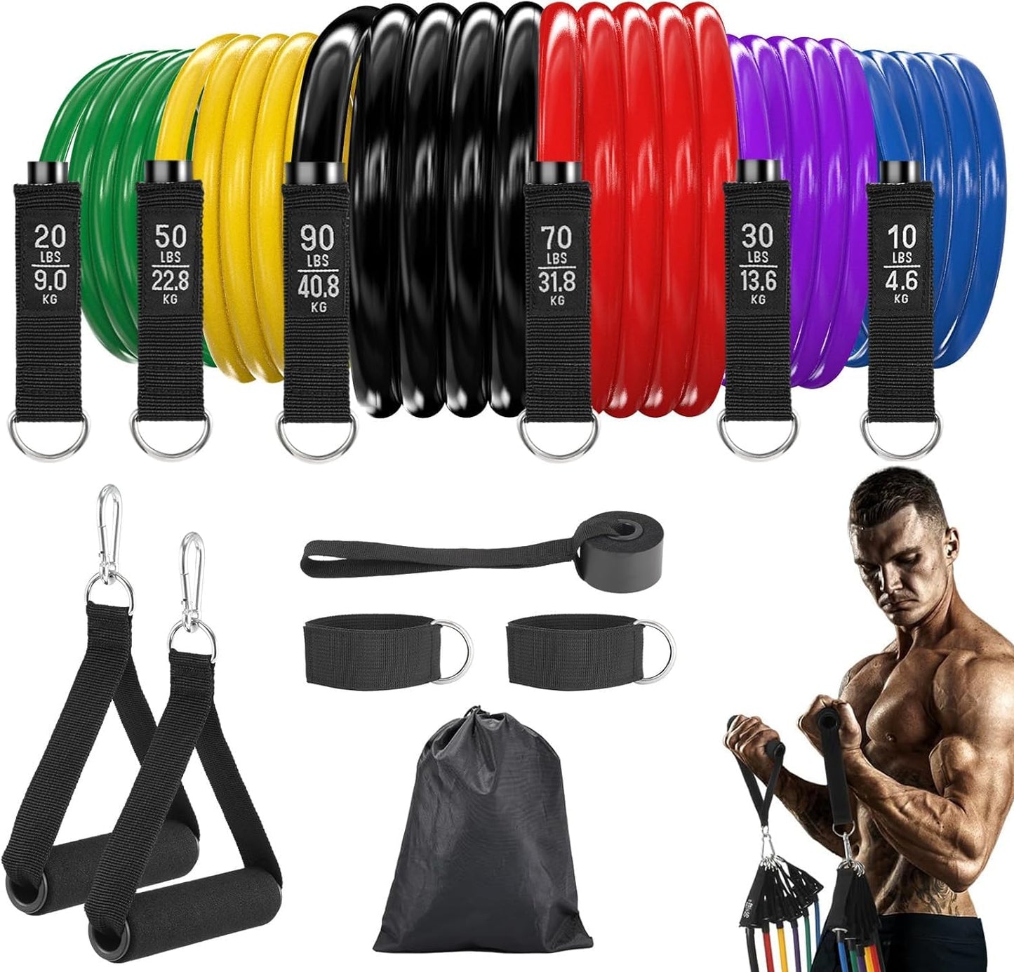 Fitense Resistance Bands Set Men 6PCS - Exercise Bands 270 LBS, Fitness Band with Handles/Door Anchor/Ankle Straps/Bag/Poster, Heavy Resistance Bands for Working Out & Shape Body at Home Gym