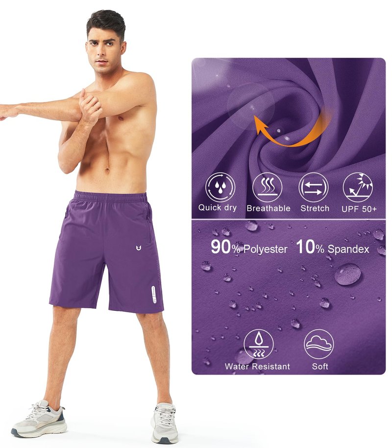 NORTHYARD Men's Athletic Running Shorts Gym Workout 7"/9"/5" Quick Dry Lightweight Sports Basketball Tennis 3 Zipper Pockets PURPLE-9inch S