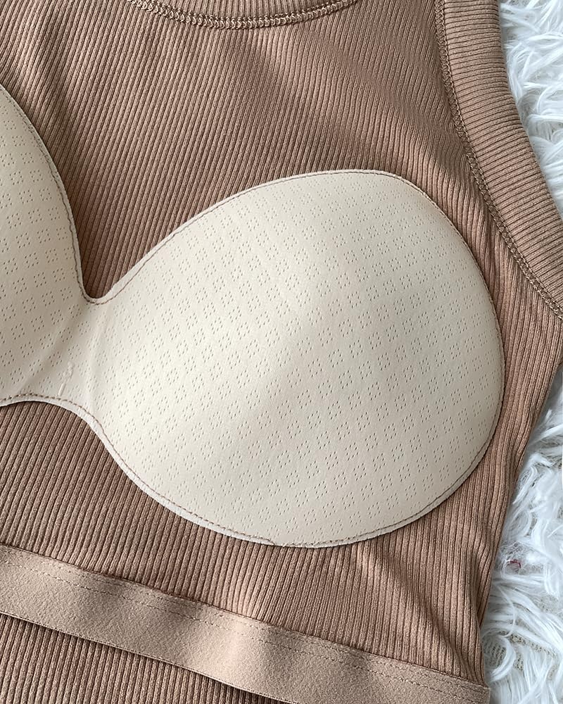 CHICME Tank Tops with Built in Bras Athletic Tank Tops for Women Ribbed Tank Top Running Tops Khaki-M