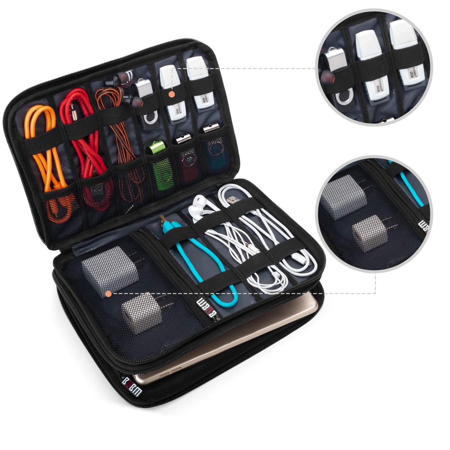 BUBM Double Layer Electronic Accessories Organizer, Travel Gear Bag for Cables, USB Flash Drive, Plug and More, Perfect Size Fits for iPad mini (Medium, Gray)