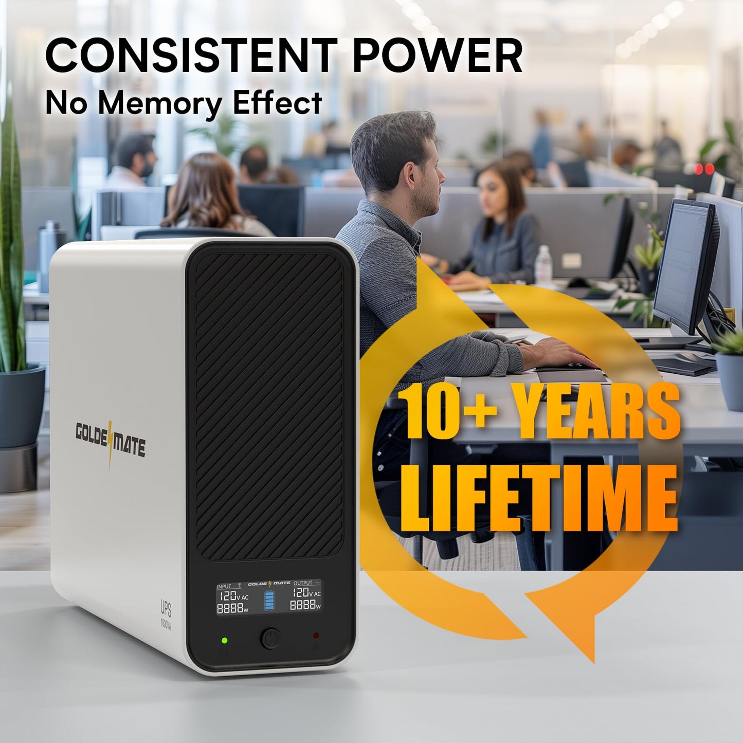 GOLDENMATE 1000VA/600W Lithium UPS Battery Backup and Surge Protector, Backup Battery Power Supply with LiFePO4 Batteries(153.6 Wh), Sinewave UPS System, 10 Years Lifespan, 8-Outlets, LCD Display