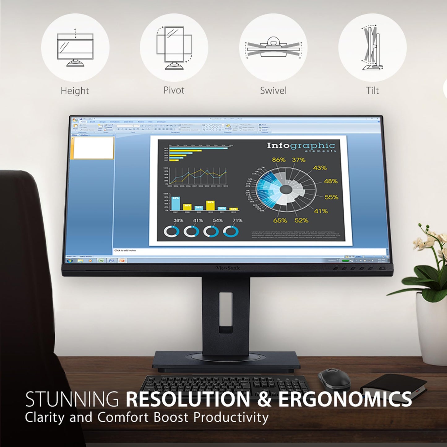 ViewSonic VG2748A 27 Inch IPS 1080p Ergonomic Monitor with Ultra-Thin Bezels, HDMI, DisplayPort, USB, VGA, and 40 Degree Tilt for Home and Office, Black