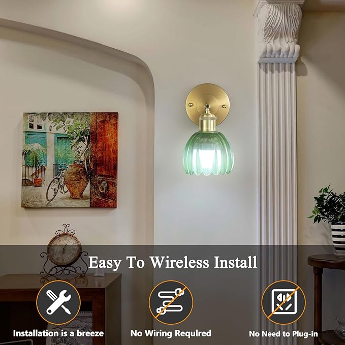 Vintage Battery Operated Wireless Wall Sconces, Rechargeable Gold Wall Lights，Green Tulip Glass Lampshad With Remote Dimmable Wall Lighting Indoor, Led Wall Lamp Fixtures For Bedroom, Living Room