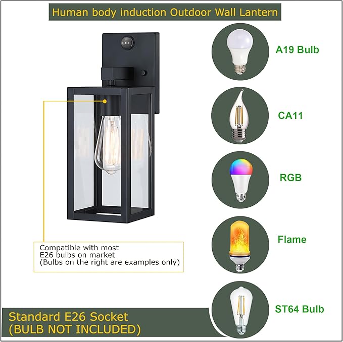 GRUENLICH Dusk to Dawn Large Outdoor Wall Lantern, PIR Motion Sensor Wall Sconce, E26 Base Max 60W, Metal Housing Plus Glass, Matte Black Finish, Bulb Not Included, 1-Pack