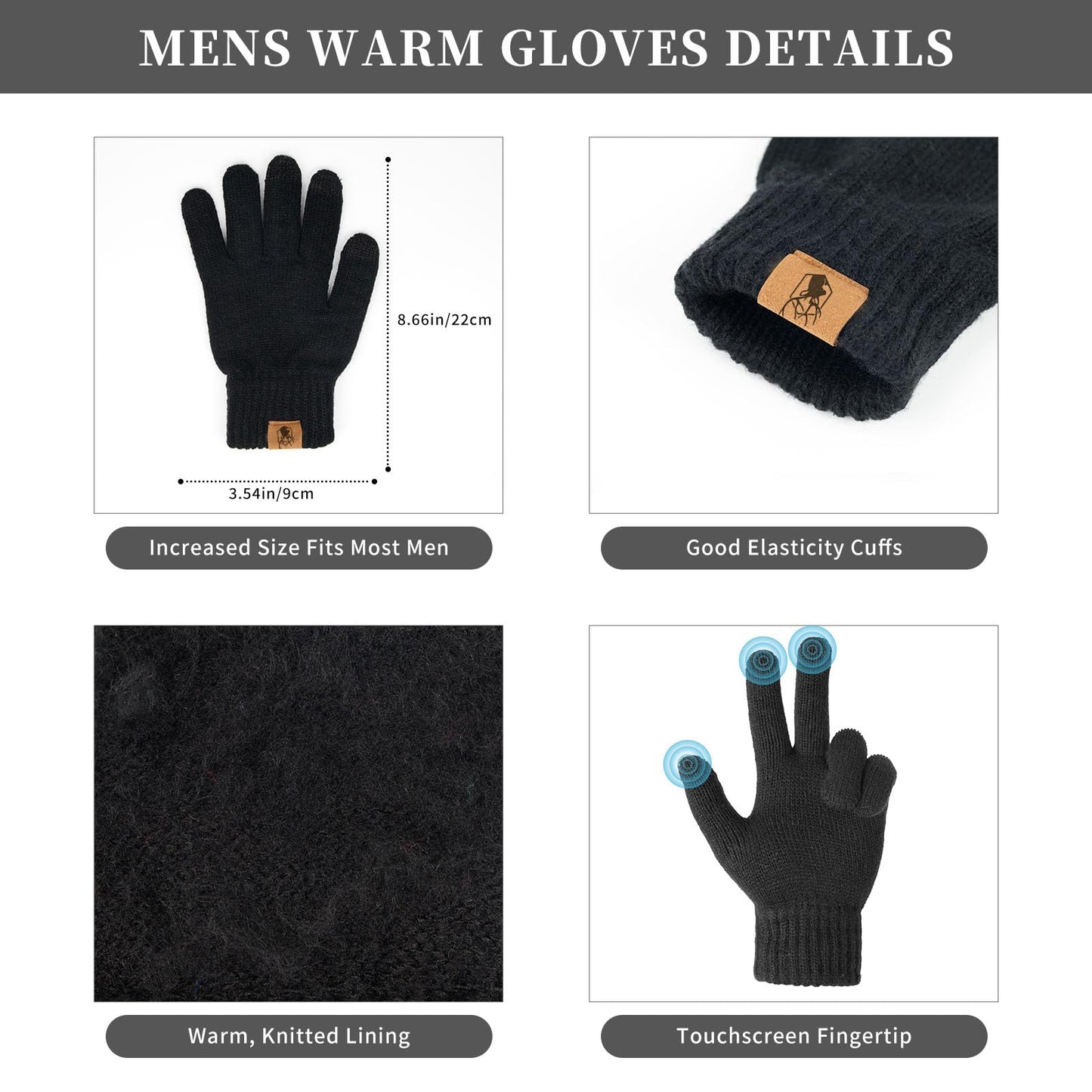 Winter Beanie Hats for Men Long Neck Scarf and Touchscreen Gloves Set with Fleece Lined Skull Caps Gifts for Men Black