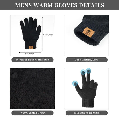 Winter Beanie Hats for Men Long Neck Scarf and Touchscreen Gloves Set with Fleece Lined Skull Caps Gifts for Men Black