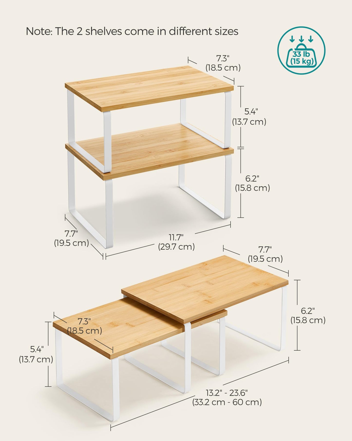 SONGMICS Cabinet Organizer Shelf, Set of 2 Kitchen Counter Shelves, Kitchen Storage, Spice Rack, Stackable, Expandable, Metal and Engineered Wood, Ink Black and Natural Beige UKCS02NB