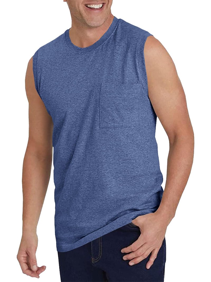 Wihion Men's Sleeveless Gym Tank Tops with Pocket Workout Bodybuilding Muscle T Shirts Blue