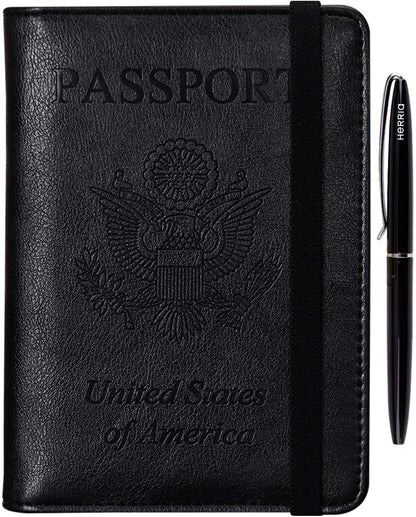 HerriaT Leather Passport Holder Cover Case RFID Blocking Travel Wallets Card Case for Women Men(Black)