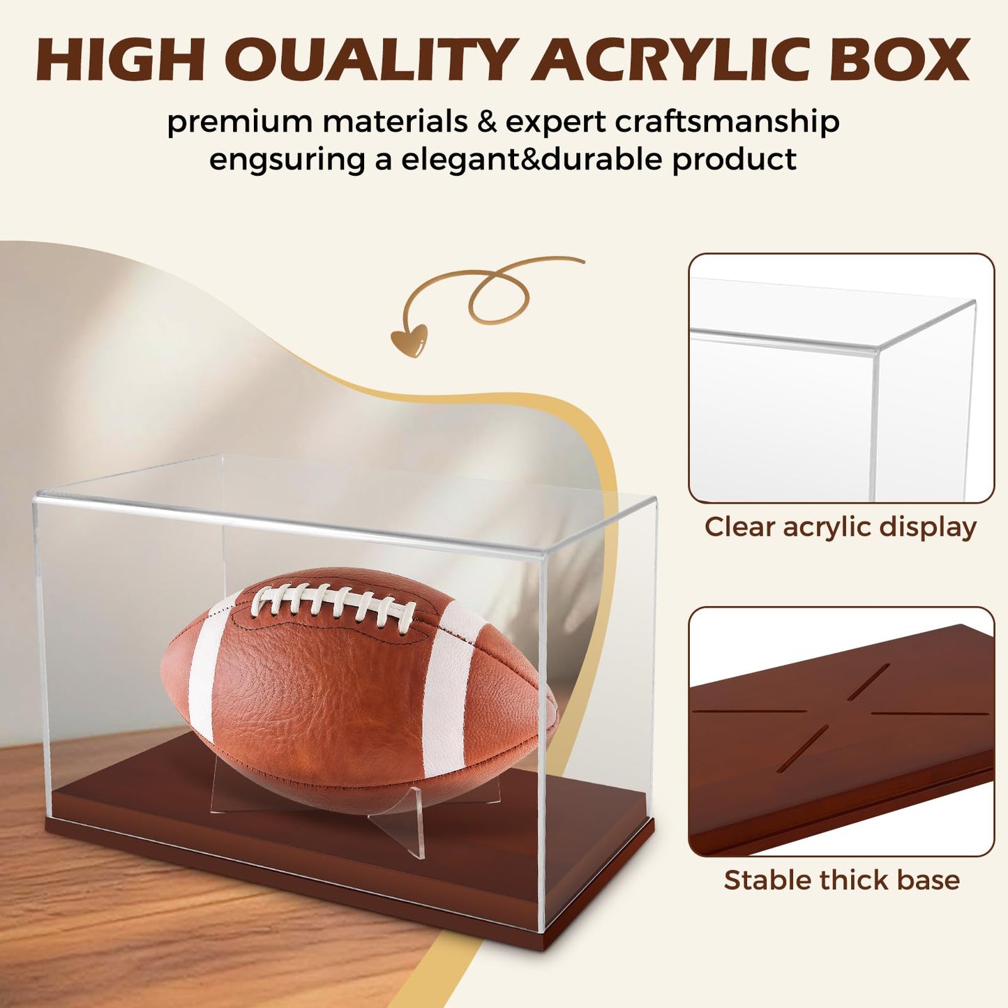 WYFHLPMMA Full Size Football Display Case, Acrylic Football Case Display Case Autographed Football Holder, Acrylic Transparent Box with Wooden Support and Solid Wood Base
