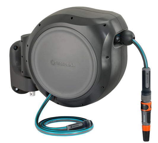 GARDENA 20505, 100' Retractable Garden Hose Reel with US Hose Threads - 100' x 1/2" hose, Automatic Retraction & Length Lock for Easy Watering. Heavy Duty Swivel Bracket 180°, Includes Nozzle.