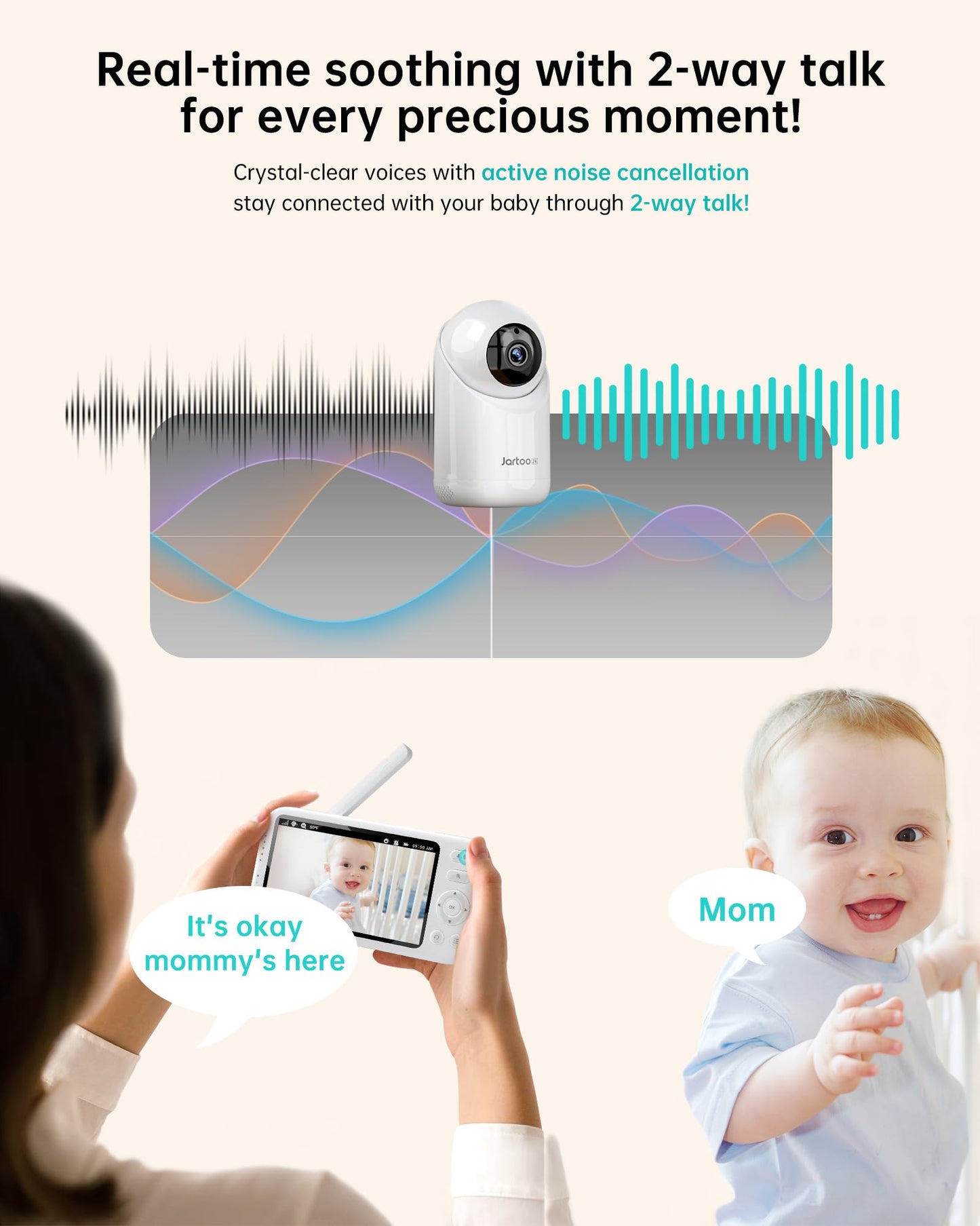 Jartoo 2K Video Baby Monitor with Camera and Audio, 3000ft Long Range Baby Monitor No WiFi 5.5" FHD Screen ANC Baby Camera Wireless, Feeding Clock, Night Vision, 2-Way Talk, AI Cry Detect, 6000mAh