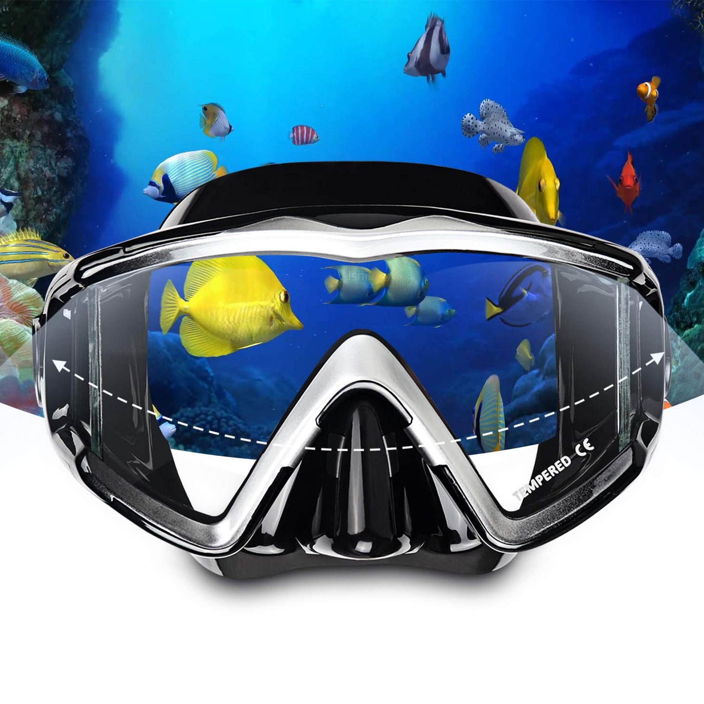 Adult Pano 3 Window Scuba Diving Mask, Tempered Glass Snorkel Mask Anti-Fog Swim Mask No Leakage Swim Goggles with Nose Cover Snorkeling Gear for Snorkeling, Freediving, Swimming (Black)