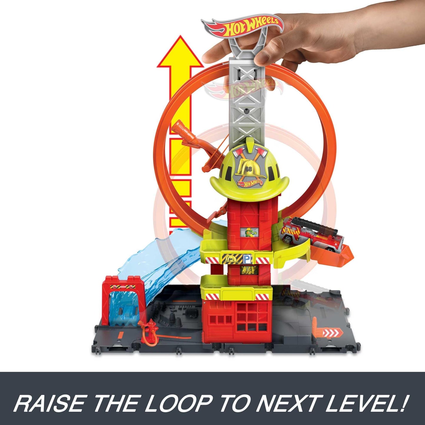 Hot Wheels City with 1 Toy Car, Kid-Powered Elevator, Water-Like Ramp, Track-Play Features, Connects to Other Sets, Fire Station with Super Loop, HKX41
