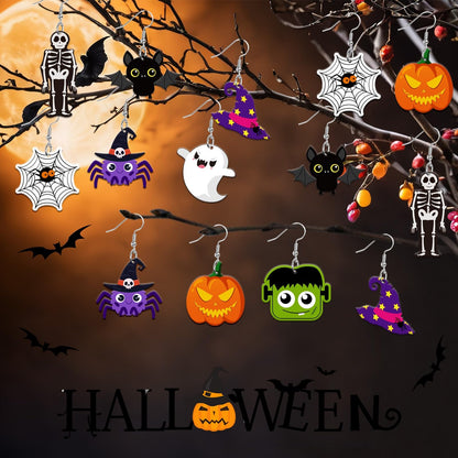 AUGSUN 8 Pairs Halloween Acrylic Earrings for Women Pumpkin Spider Black Cat Ghost Boo Witch Hat Spooky Earrings Jewelry Lightweight Leaf Dangle Teardrop Earrings