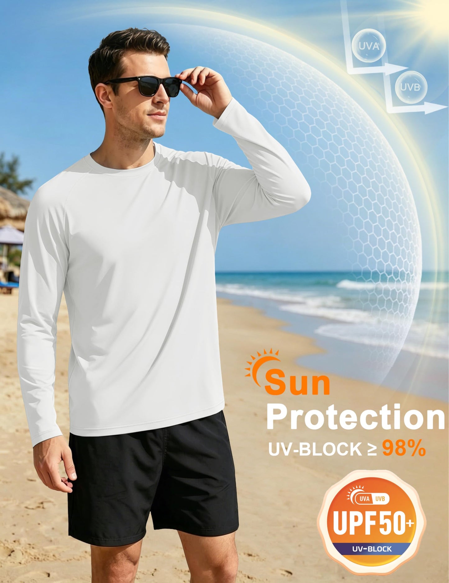 MAGCOMSEN 2 Pack Men's Long Sleeve Shirts Sun Protection UPF 50+ UV SPF Dry Fit T-Shirt for Swim Athletic White M