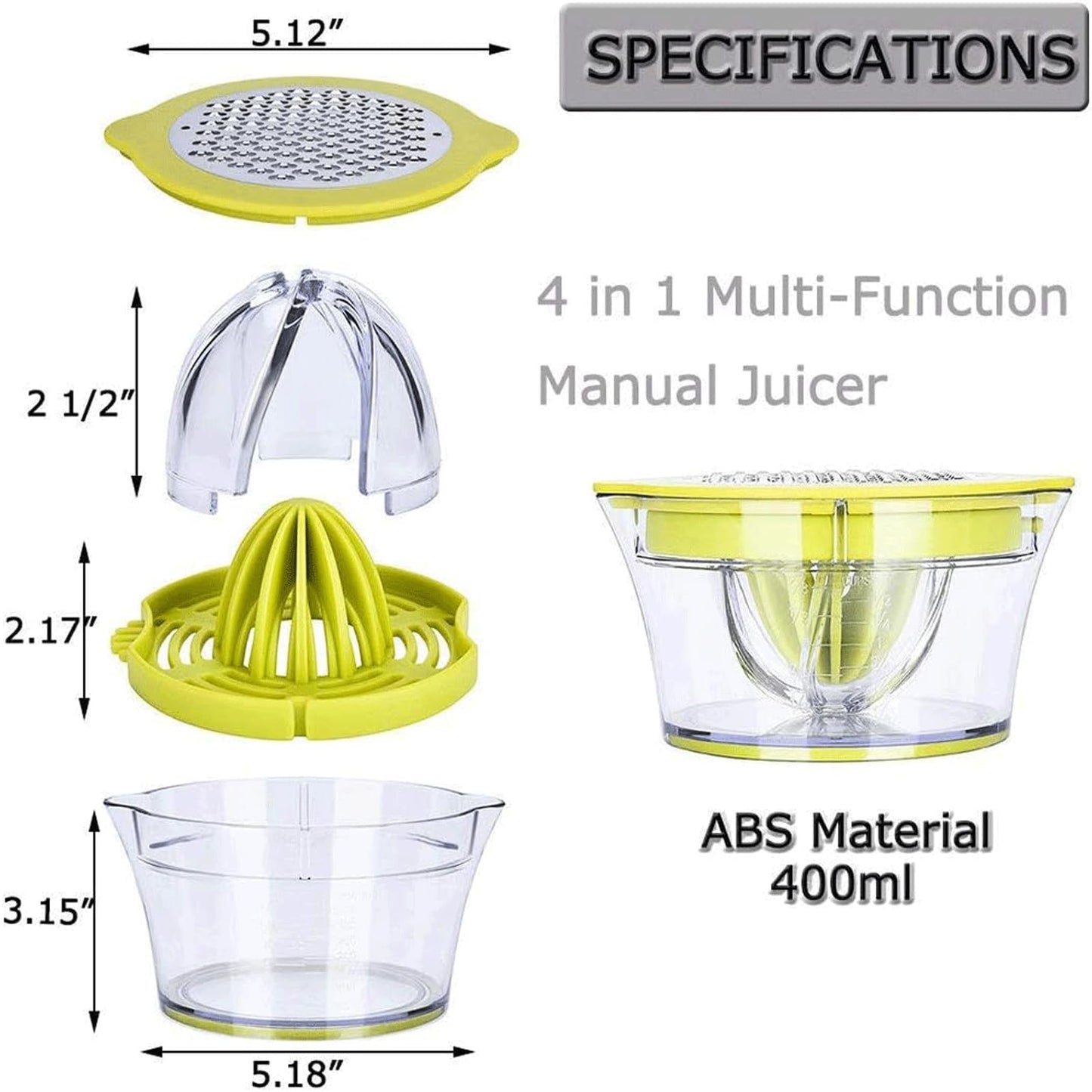 Drizom Citrus Lemon Orange Juicer Manual Hand Squeezer with Built-in Measuring Cup and Grater, 12OZ, Green