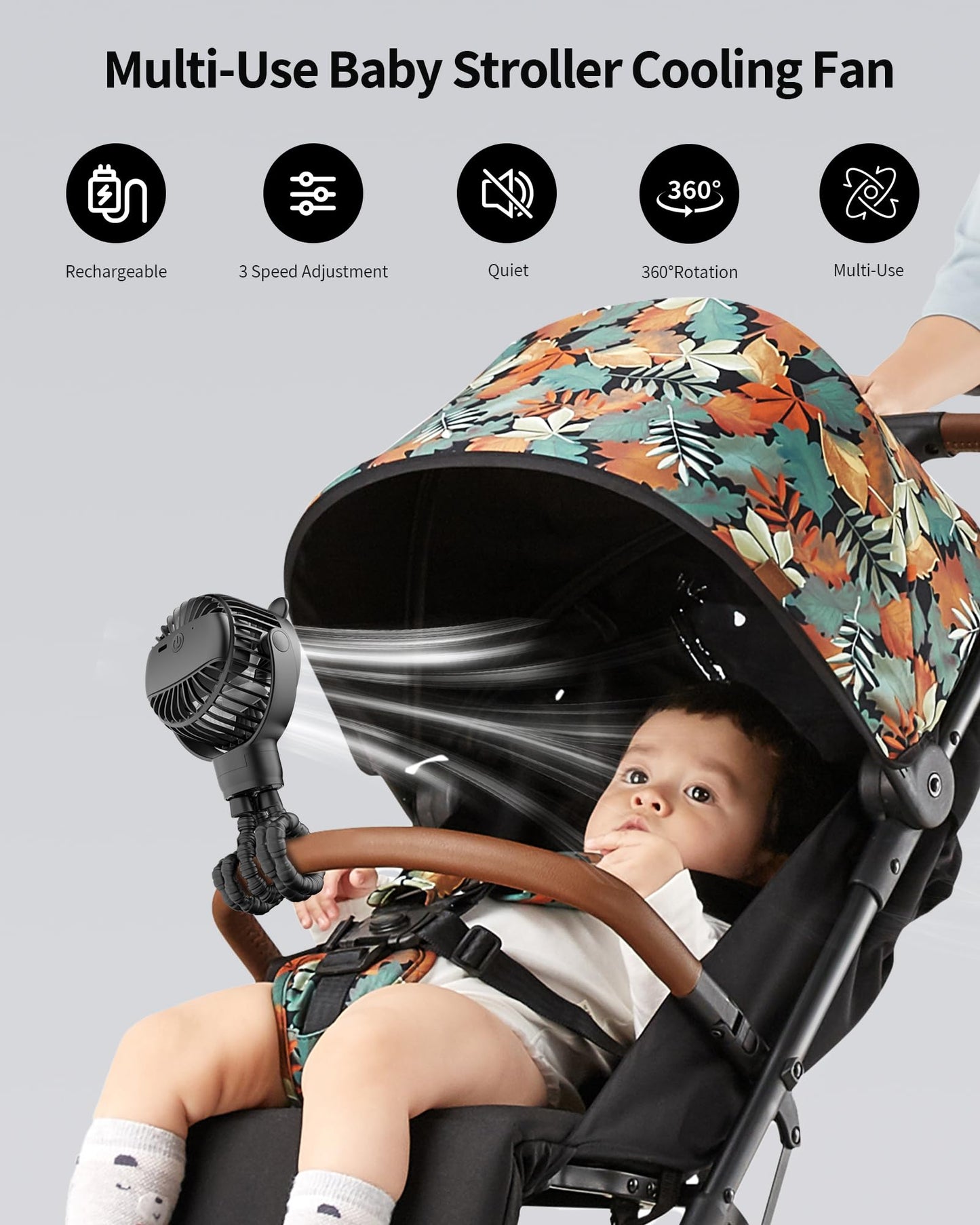 GOTOTO Baby Stroller Fan, Rechargeable Portable Fan with 2000 mAh Battery Operated,3 Wind Speed,360-Degree Rotation,Ultra-Low Noise Level,Safe mini fan for your baby