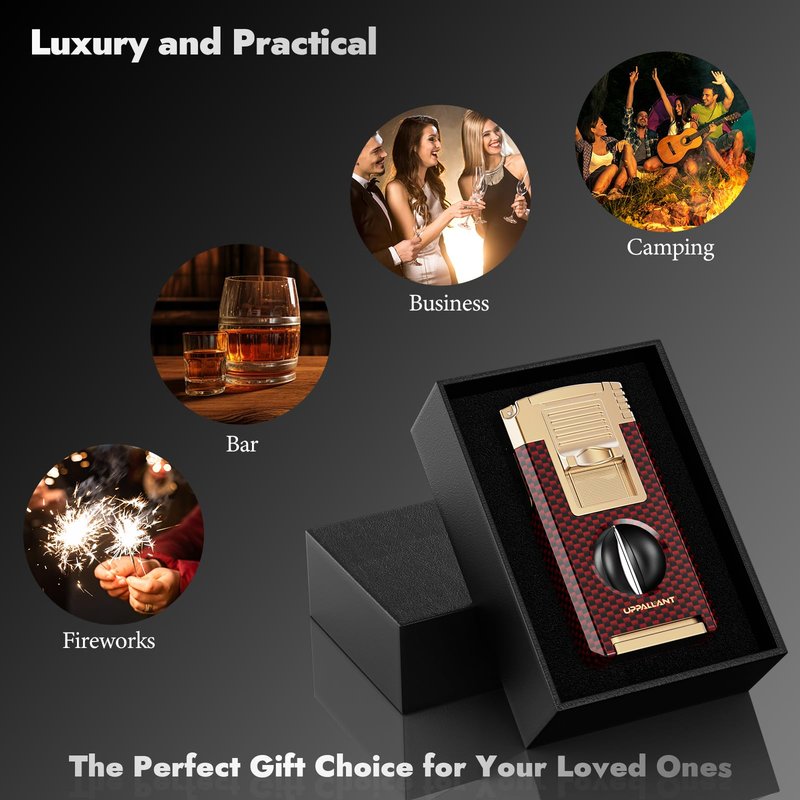 5-in-1 Torch Lighter with Cutter, Punch, Holder, Draw Enhancer Tool and Dual Jet Flames, Refillable Butane Torch Lighters Gifts for Men, Versatile Accessories, Windproof Lighters for Candle, Travel