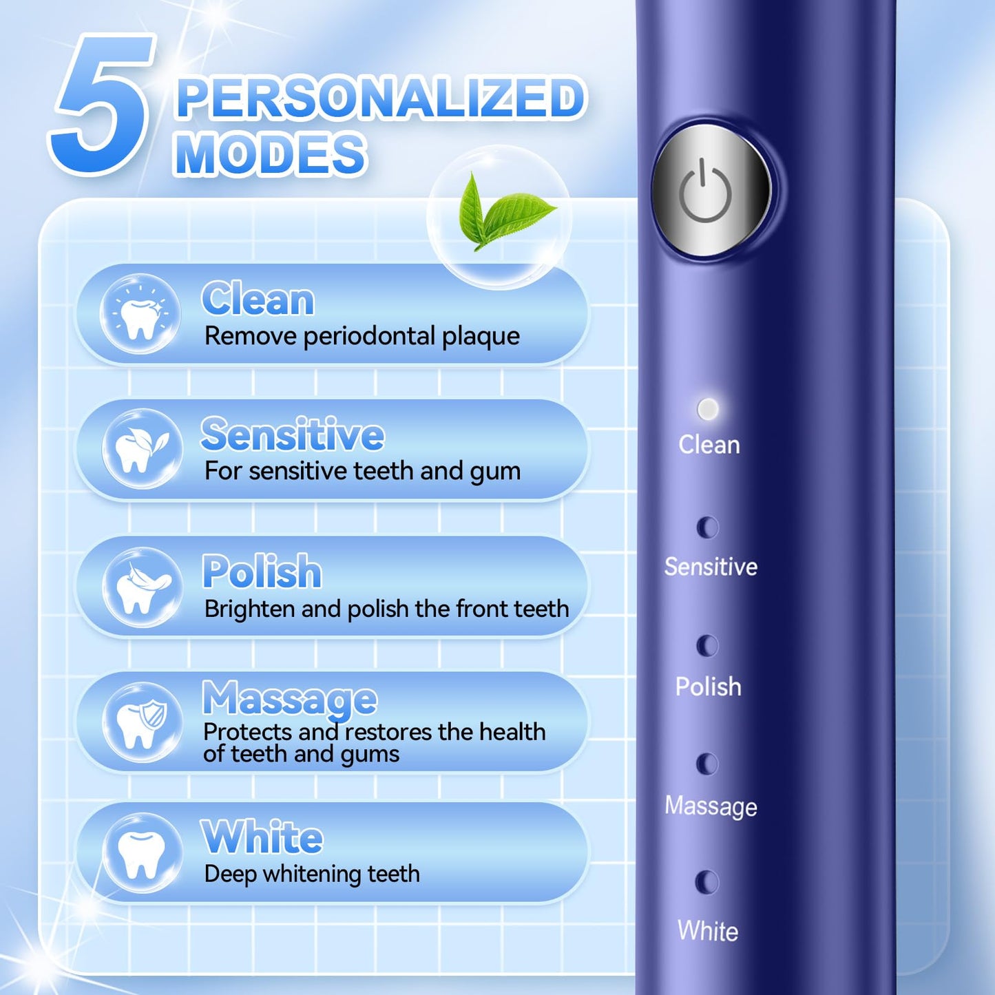 JTF Sonic Electric Toothbrush for Adults: 6 Brush Heads, Travel Bag, Tongue Scraper, 5 Brushing Modes for Teeth, Smart Timer and IPX7 Waterproof, Rechargeable Toothbrush for Deep Cleaning & Whitening