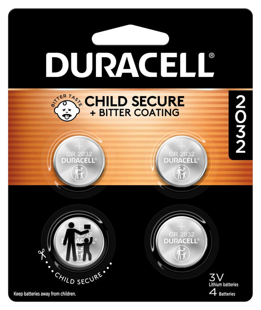 Duracell 2032 Lithium Battery. 4 Count Pack. Child Safety Features. Compatible with Apple AirTag, Key Fob, and other devices. CR2032 3V Cell. 2032 Battery, Lithium Coin