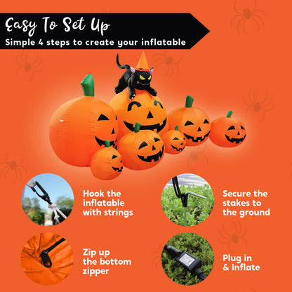 Joiedomi 7 FT Long Halloween Inflatables Pumpkin Outdoor Decorations, 7 Pumpkins Outside Decoration with Witch's Cat with Build-in LEDs Blow Up Inflatables for Party Yard Lawn Garden Decor