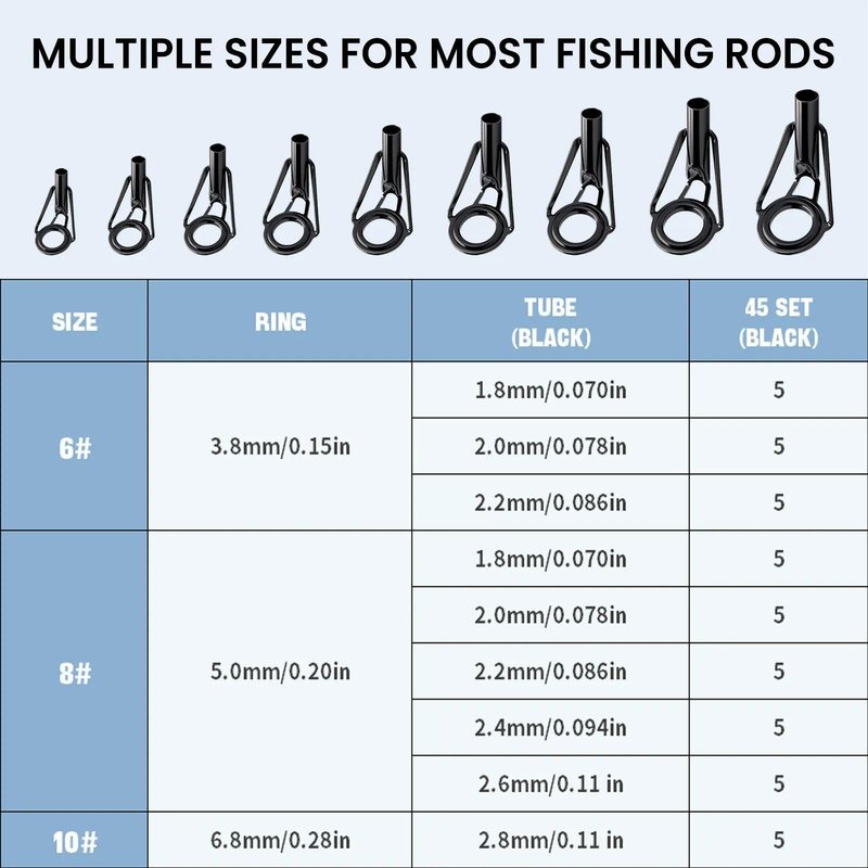 9KM DWLIFE Fishing Rod Tip Repair Kit 45pcs, Black Stainless Steel, Wear Resistant Ceramic Ring, Rod Tip Repair Kit