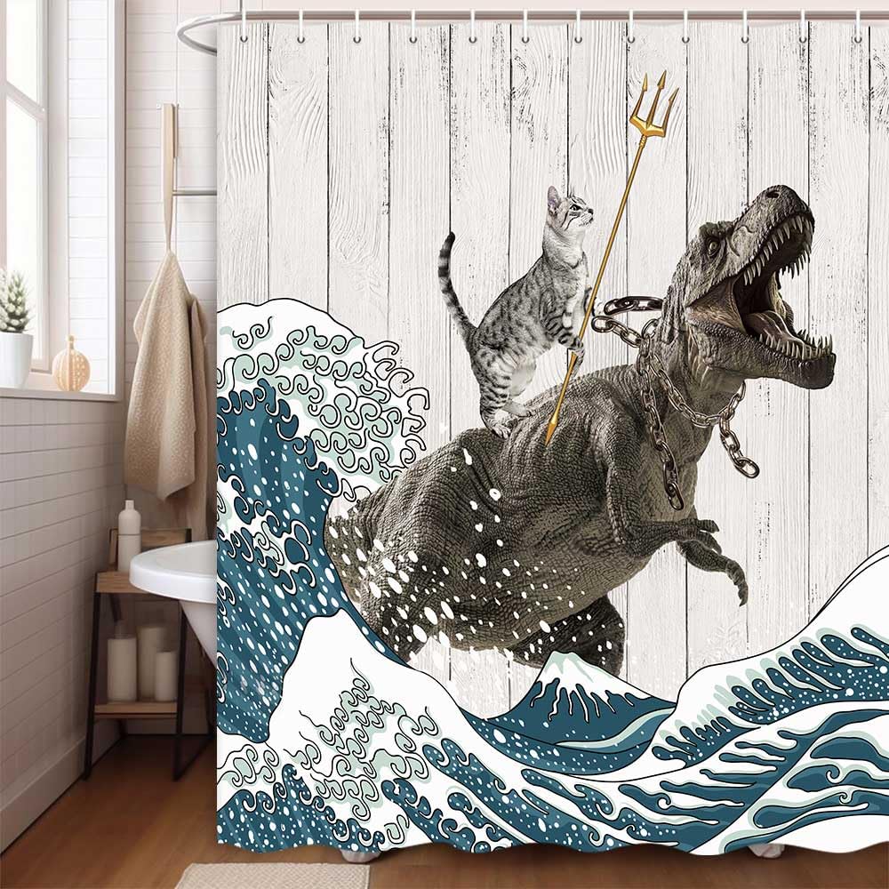Boziqr Funny Cat Shower Curtain, Cool Cat Dinosaur Japanese Ocean Wave Decor Fabric Bathroom Curtains, Kids Children Rustic Wooden Farmhouse Shower Curtain, 70X70 Inches