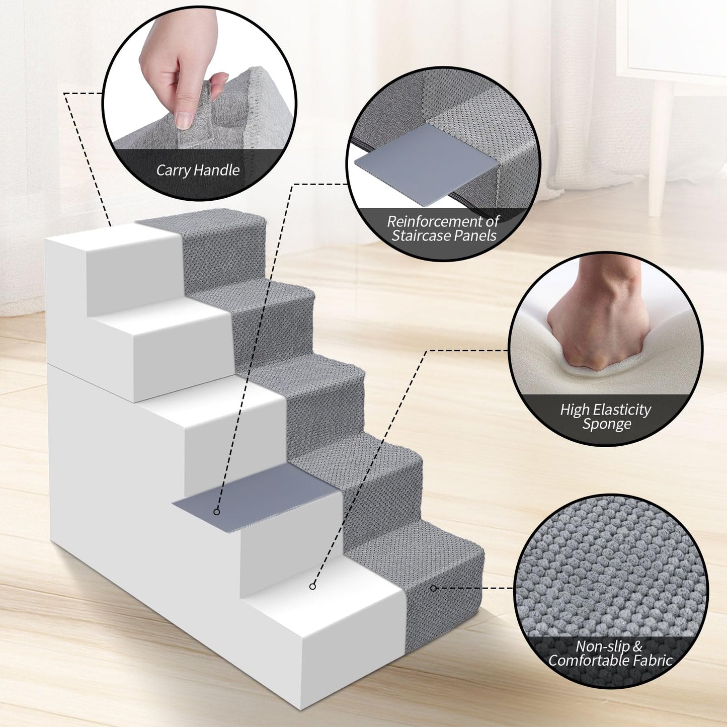 Masthome Dog Steps for Bed, Foldable 5-Step High-Density Foam Dog Ramp with Removable Cover, Soft & Non-Slip Pet Stairs for Small Older Injured Pets, 75x38cmx57, Grey