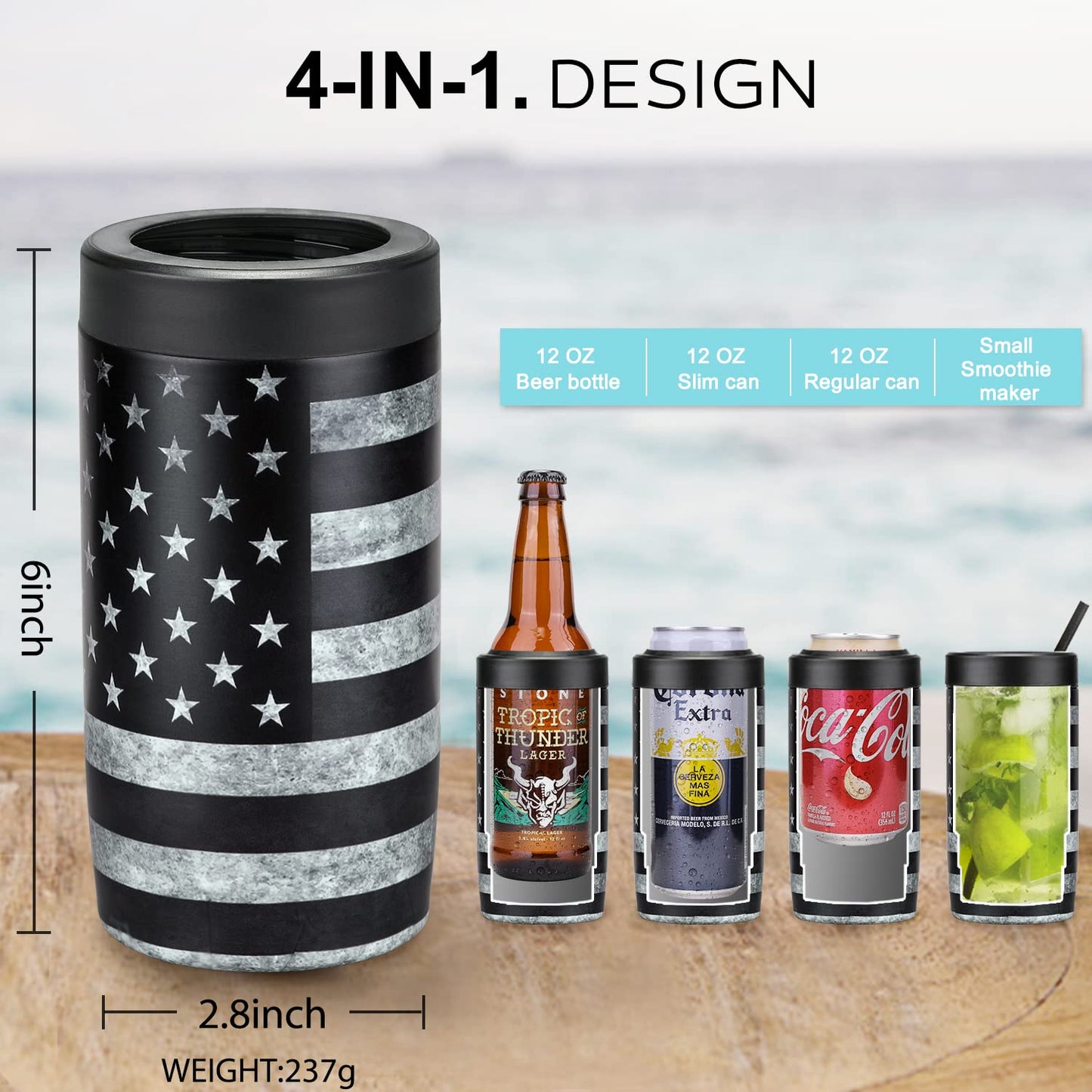 4-in-1 Slim Can Cooler Easy to Hold Insulated Beer Can Holder Double-walled Stainless Steel for All 12 Oz Cans Gift (Black America Flag 2)