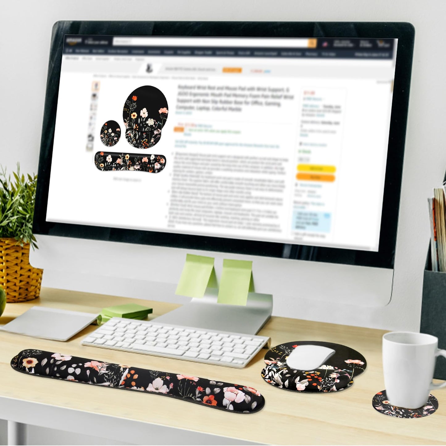 G JGOO Mouse Pad with Wrist Rest and Keyboard Wrist Rest Set, Wrist Rest for Computer Keyboard Memory Foam Pain Relief with Non Slip Rubber Base for Office, Gaming, Computer, Laptop, Garden Flower