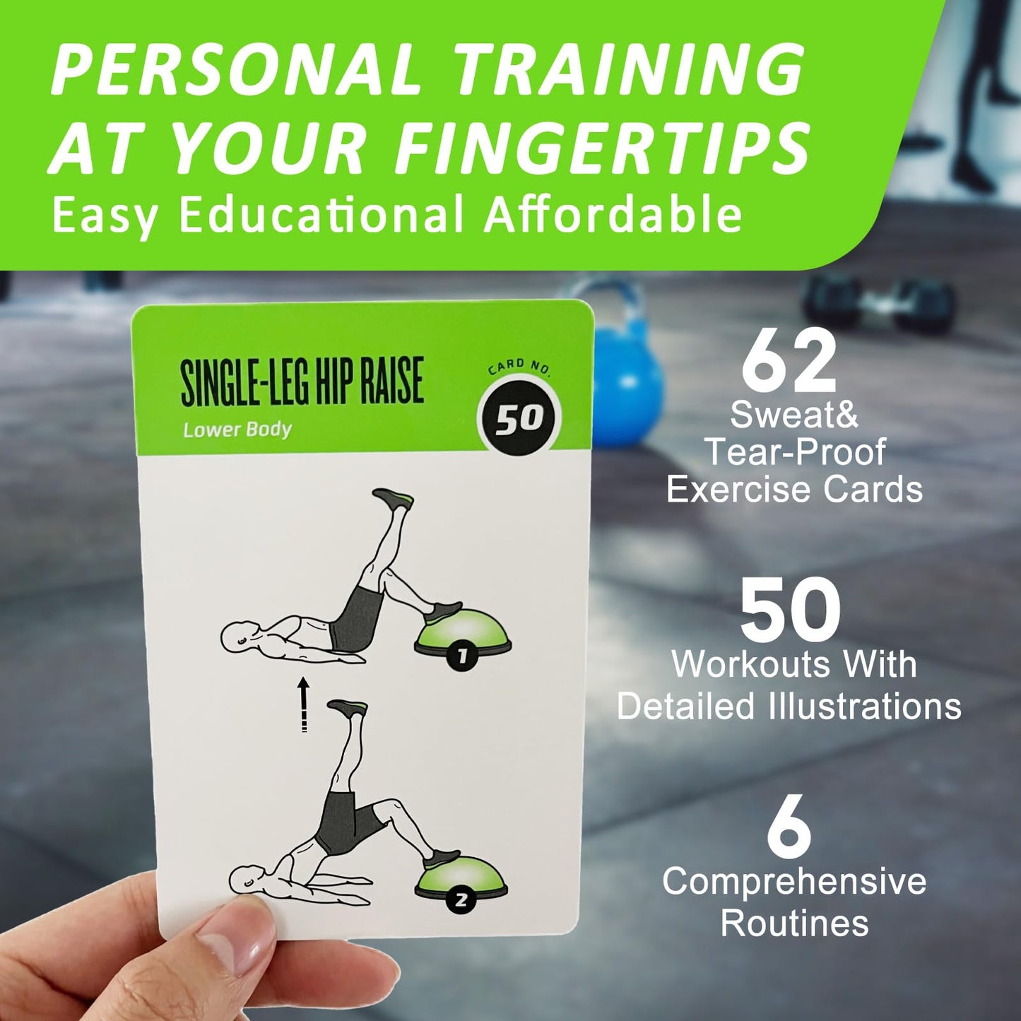 ELAORY Half Balance Ball Workout Cards, 62 Exercises Cards Deck Large Size 5" x 3.5" Fitness Cards for Women & Men, Beginner Fitness Guide to Training Exercises at Home or Gym