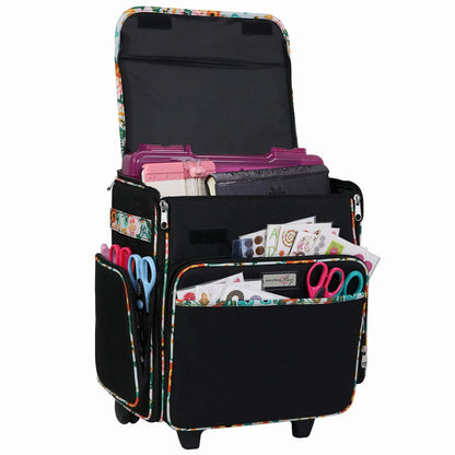 Everything Mary Wheeled Scrapbook Tote for Scrapbooking & Art - Travel Organizer Storage Bin for Paper, Glue, Tape Black/Floral