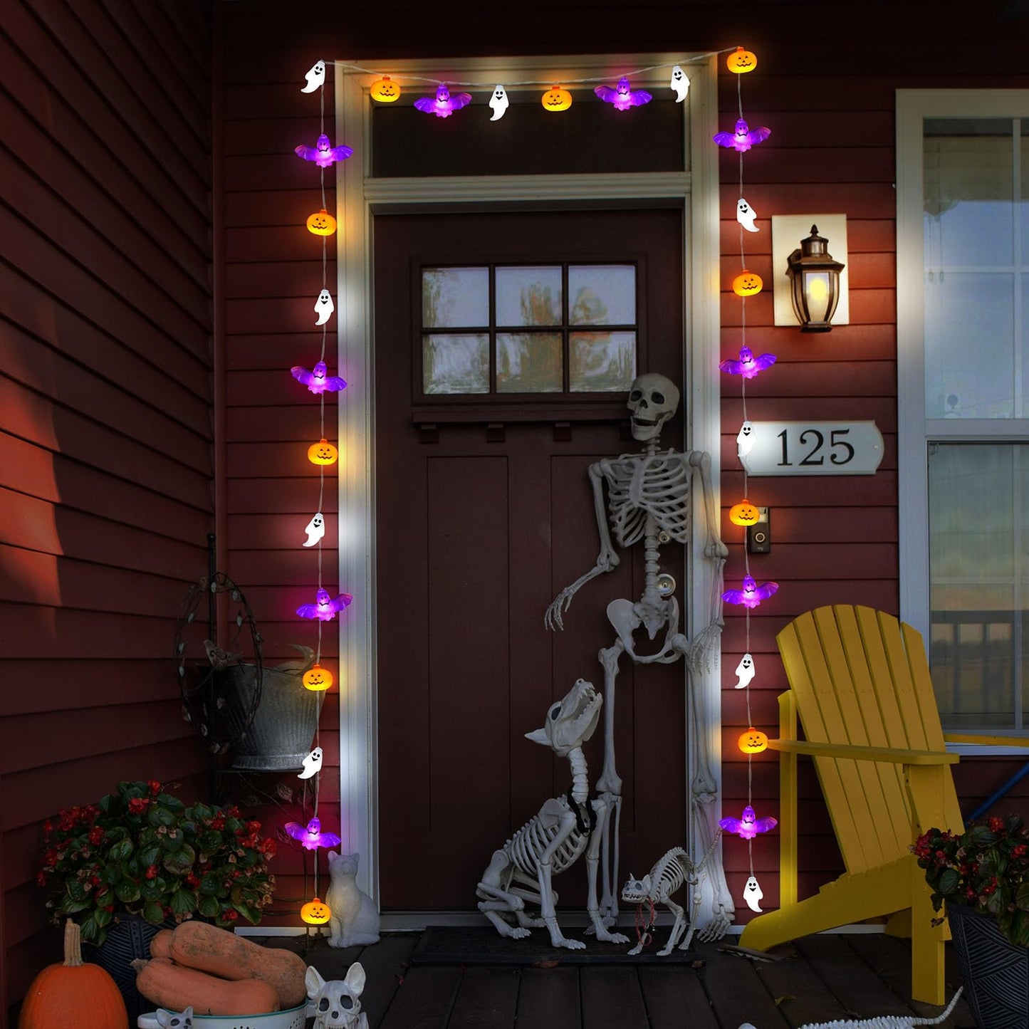 UZKEW Halloween String Lights, 16.4FT 30 LED Pumpkin Bat Ghost Battery Operated Orange and Purple Lights Strobe 8 Lighting Modes Timer Fairy Indoor Outdoor Window Front Porch Decor Party Decorations