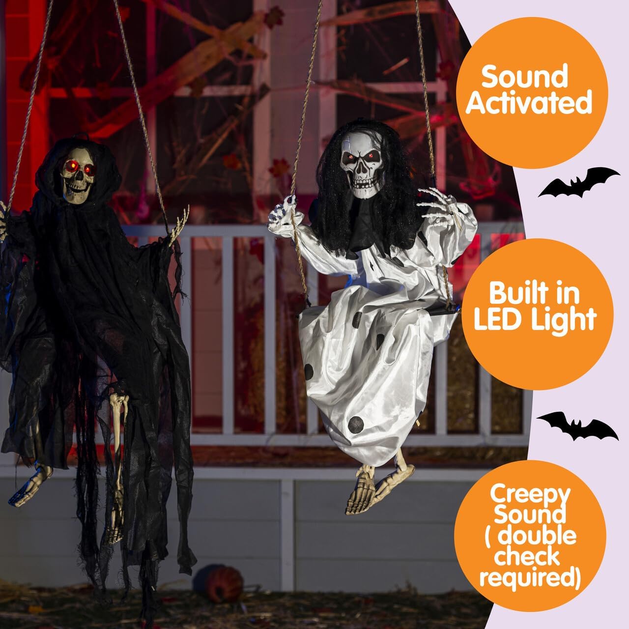 JOYIN Halloween Scary Decorations Outdoor, 2 Packs Halloween Hanging Swinging Ghosts Decor with Lighted Up Eyes, Creepy Swinging Skeleton Flying Props for Yard Patio Lawn Garden