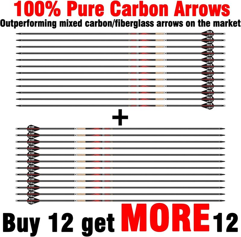 100% Pure Carbon Hunting Arrows - Olympic-Grade 10 Spine Deflection | 0.001"/0.003"/0.006" Straightness, Ideal for Compound & Recurve Bows (12/24PCS)