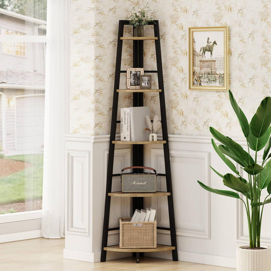 BON AUGURE Corner Ladder Shelf, 5 Tier Metal Wood Corner Bookshelf, Tall Shelving Unit Shelf Plant Stand for Living Room, Home Office, Bathroom (Vintage Oak)