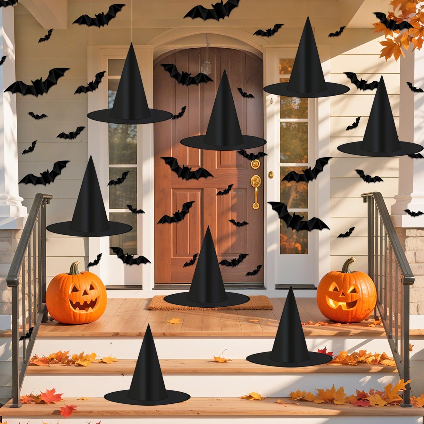 Tepoobea Halloween Decorations Black Witch Hats, 8 Pack Hanging Witches Hats & 32Pcs 3D Bats Halloween Decorations Outdoor Indoor