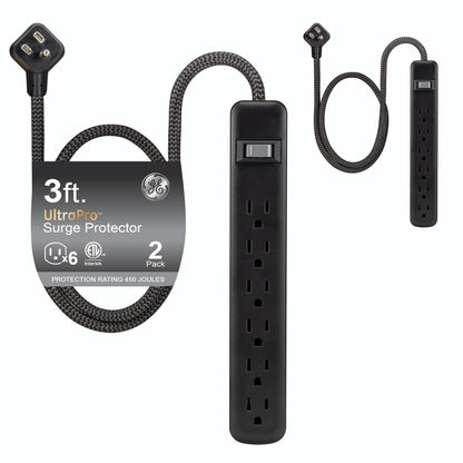 GE 6-Outlet Power Strip with USB, 1 USB-A, 1 USB-C, Outlet Extender, 6 Ft Braided Extension Cord, Flat Plug, Charging Station, Black, 82595