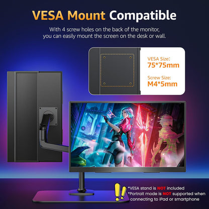 Portable Monitor 18.5" FHD 125% sRGB 100Hz IPS HDR HDMI USB-C Travel Monitor for Laptop MacBook PC Surface PS5 Xbox, Large External Display with Kickstand & Speakers, VESA Compatible