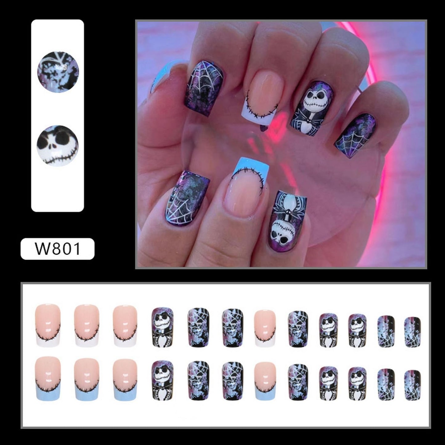 Halloween Press on Nails Medium Square Fake Nails with Spider Web Design Acrylic Nails Nightmare Before Christmas Nails Scary Stick on Nails Holiday French Tip Artificial Nails for Women 24Pcs