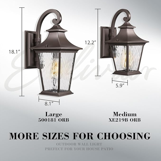 Emliviar 12.2 Inch Wall Light with Water Ripple Glass, 1-Light Outdoor Patio Light for House, Die-cast Aluminum in Oil Rubbed Bronze Finish, XE219B ORB