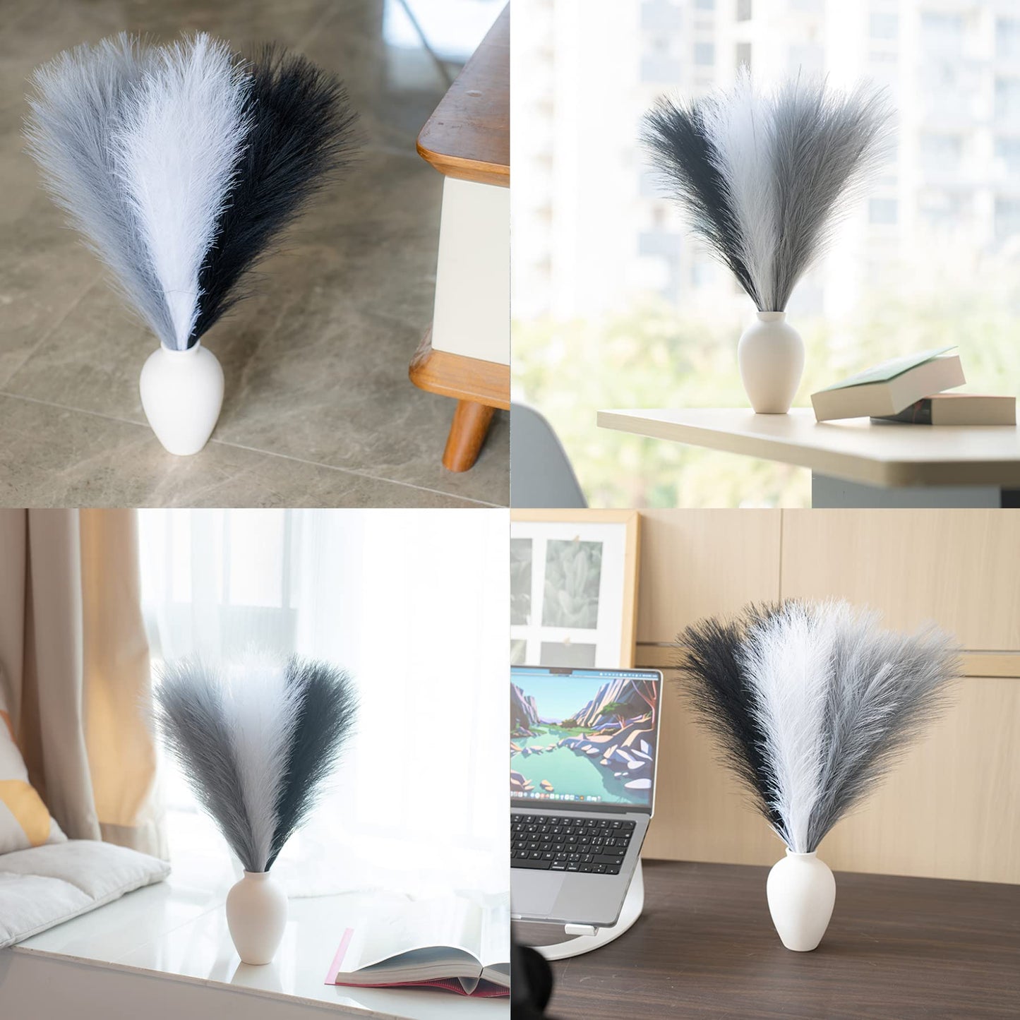 EVODIS Faux Pampas Grass Decor, 18"/45cm Artificial Pampas Grass Fluffy 6 Stem pompous Flower Arrangement for Boho Home Wedding Decoration (Black,White,Grey)