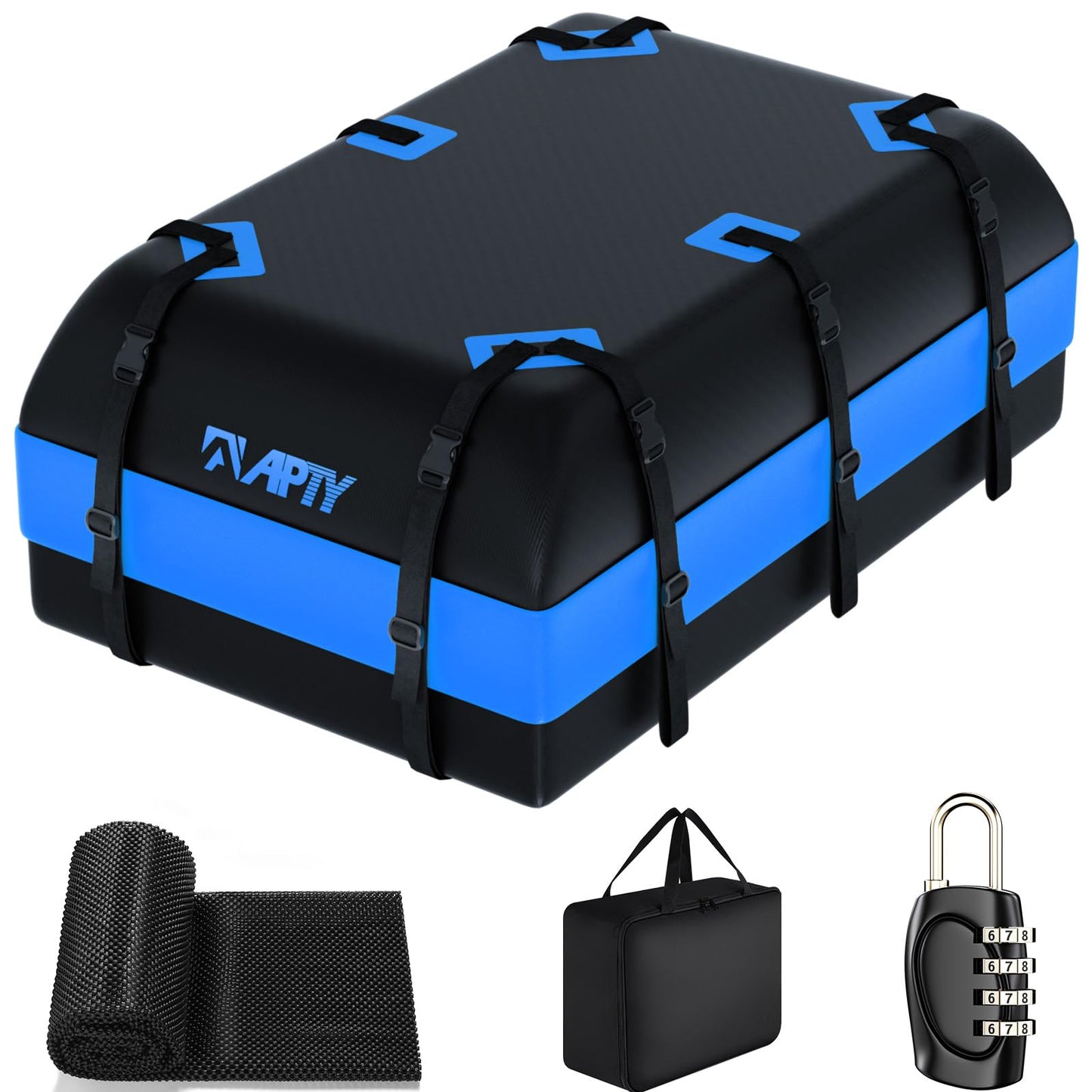 APTY 21 Cubic Feet Car Rooftop Cargo Bag Carrier, Soft Roof Top Luggage Bag for All Vechicles with/Without Racks - with Waterproof Zip, Luggage Lock, Anti-Slip Mat, Storage Bag, Door Hooks, Blue