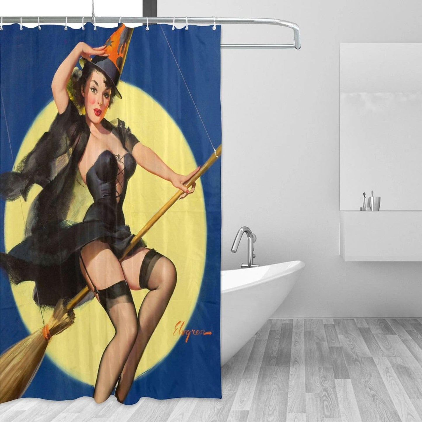 Bathroom Shower Curtain - Sexy Pin Up Girl I'm a Halloween Witch - Vintage Retro Pin Up Girls Body Art Work Canvas Painting Style Waterproof Polyester Fabric 66(w)x72(h) Rings Included