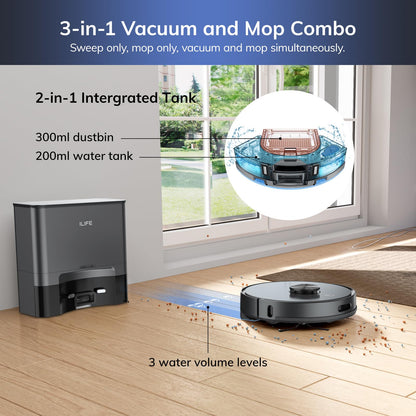 ILIFE A30 Pro Robot Vacuum and Mop, Self Emptying Station for 60 Days, 5000Pa Suction, LiDAR Navigation, No-Go Zones, 2.4G WiFi/App/Alexa/Remote Control, Roller Brush for Carpet, Hard Floors, 110V