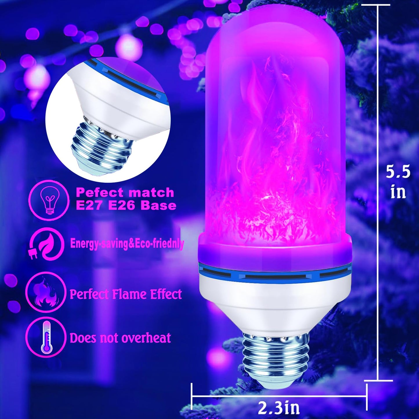 Upgraded LED Purple Flame Light Bulbs, 4-Mode Flickering Light Bulbs with Gravity Sensor, E26 Fire Light Bulb for Porch Party Patio Home Halloween Christmas Indoor Outdoor (Purple, 2)